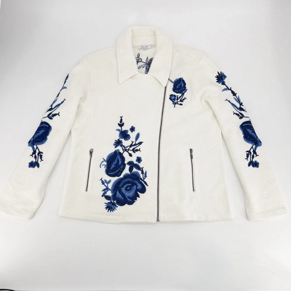 Chico’s Embroidered Floral Jacket Cream Blue Zip Front 3 XL‎ Boxy Loose Relaxed